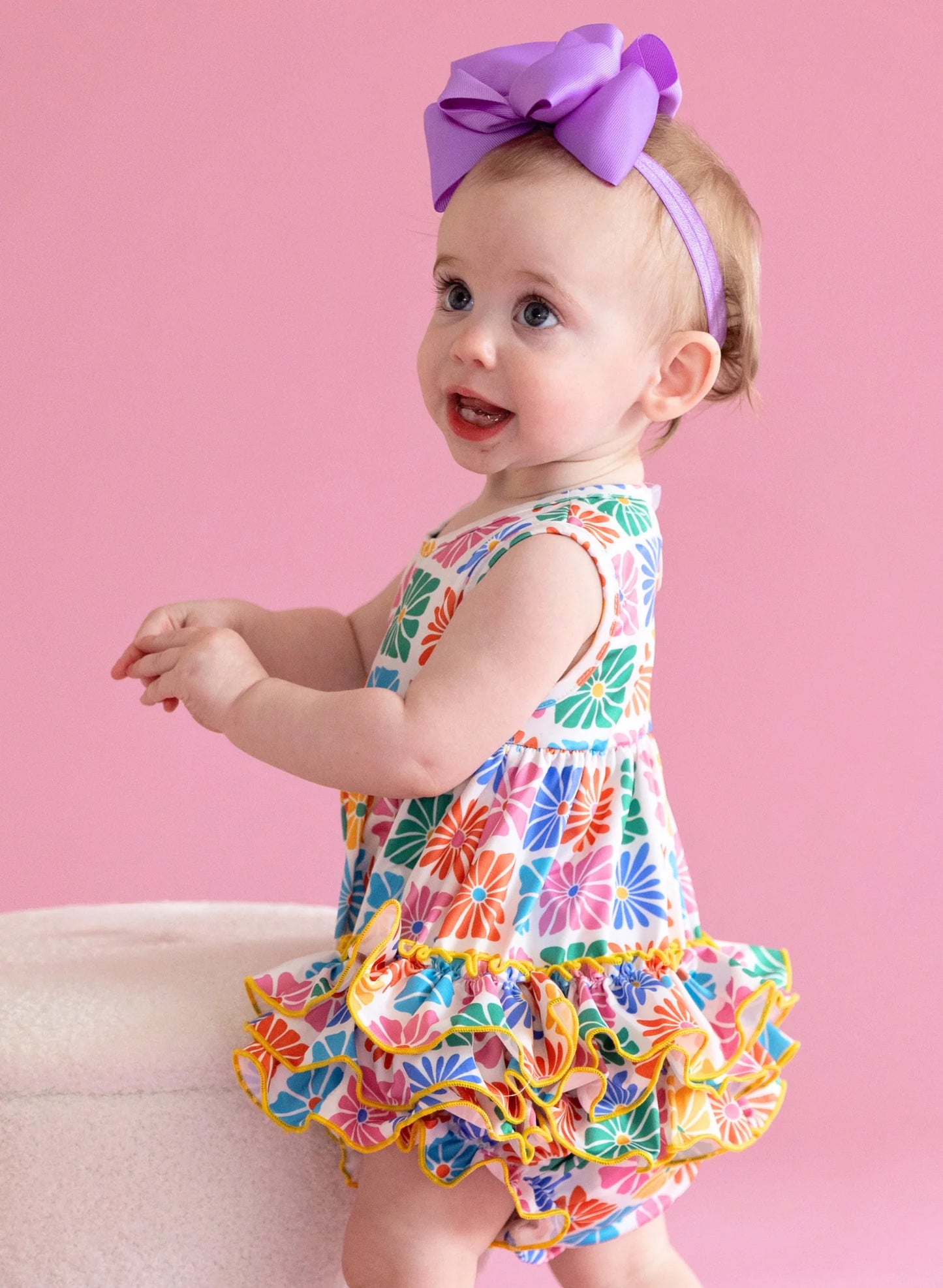 Ruffle Bubble Romper - Flower Tiles