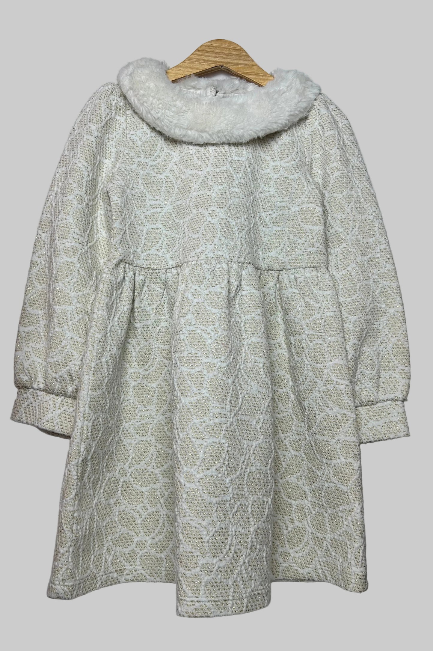 Janie & Jack White Gold Sparkle Fur Collar Dress 4T