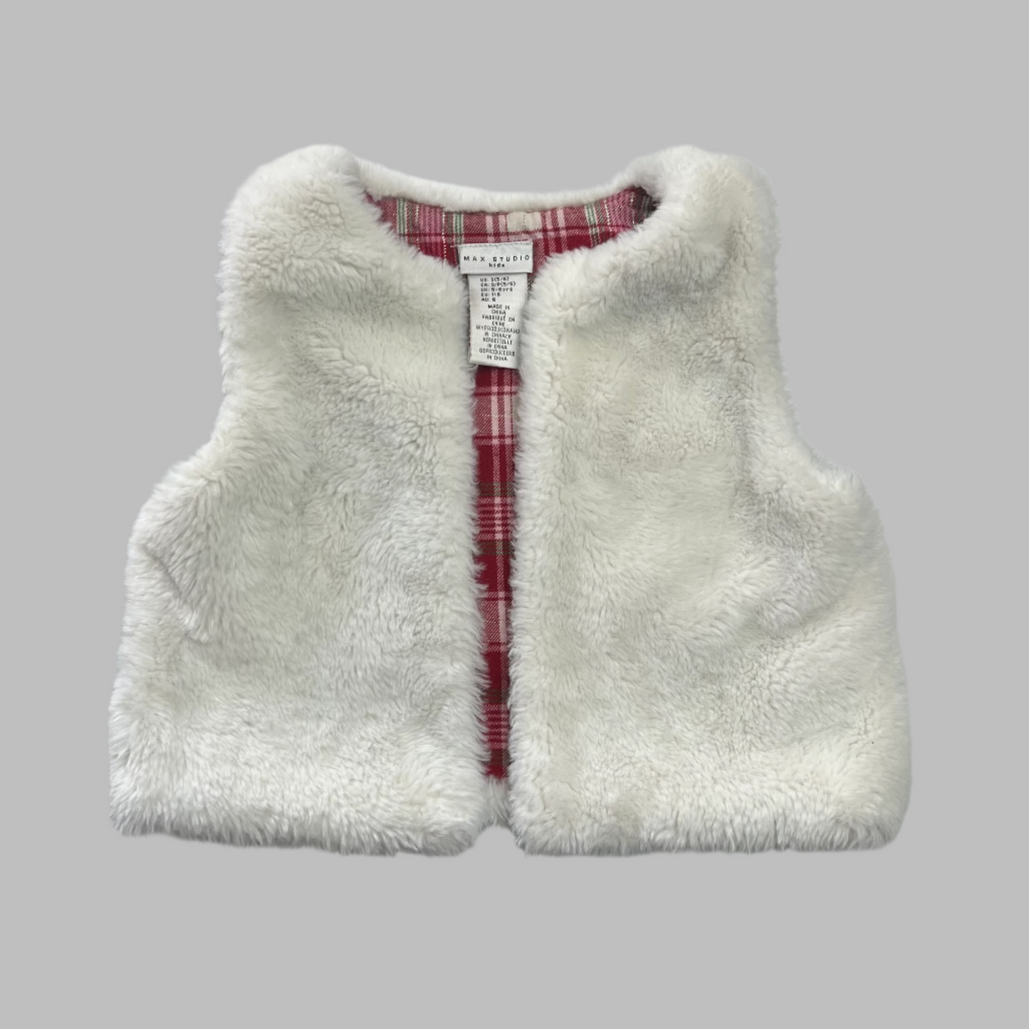 Max Studio Kids White Faux Fur Vest w/ Plaid Lining 5/6
