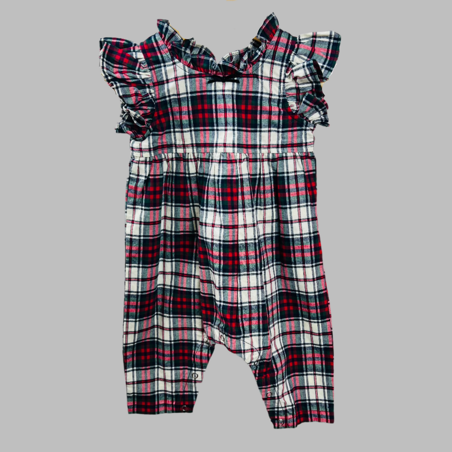Pink Chicken Plaid Ruffle Sleeve Holiday Jumpsuit 3-6M