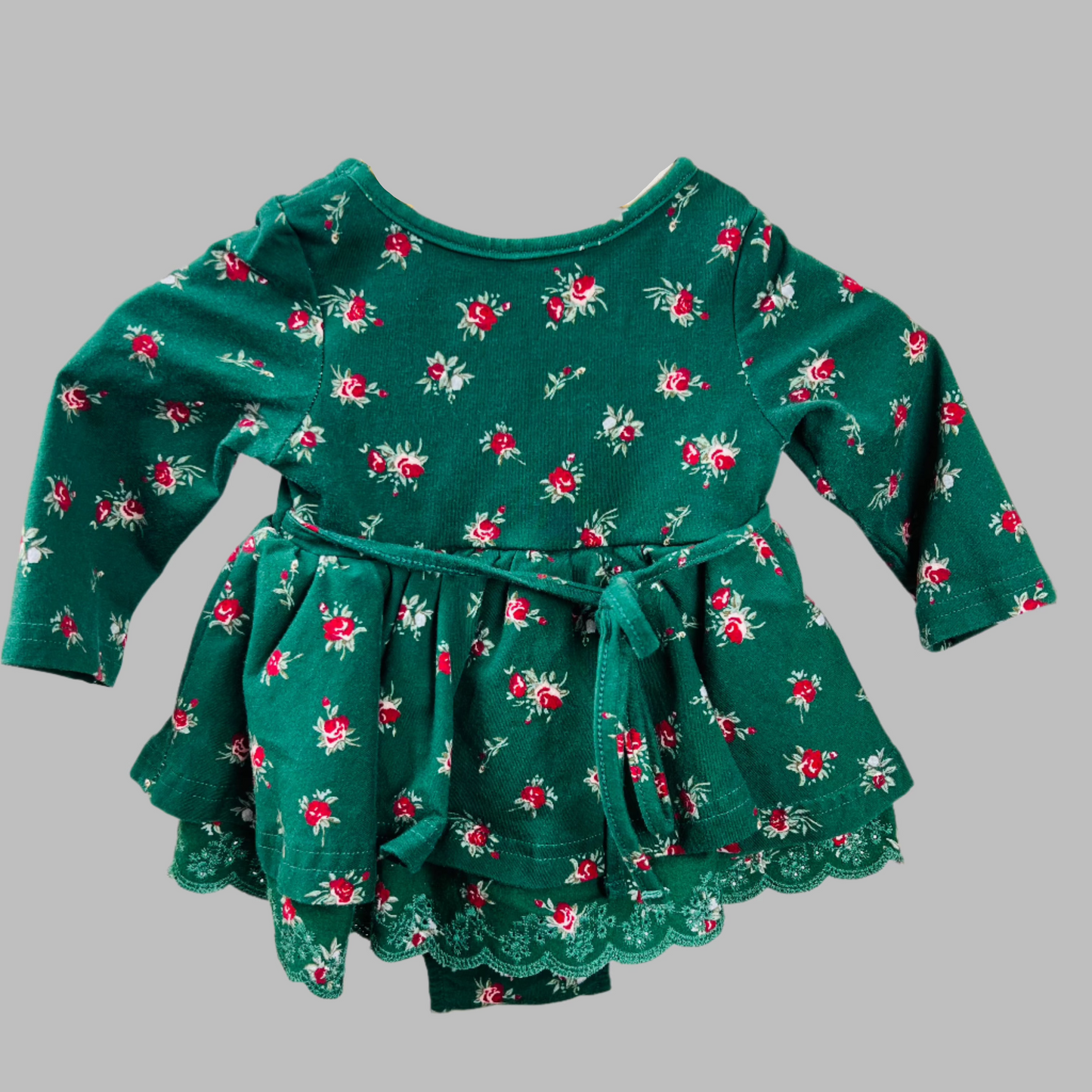Sweet Honey Green Velvet Holiday Onesie Dress 6M