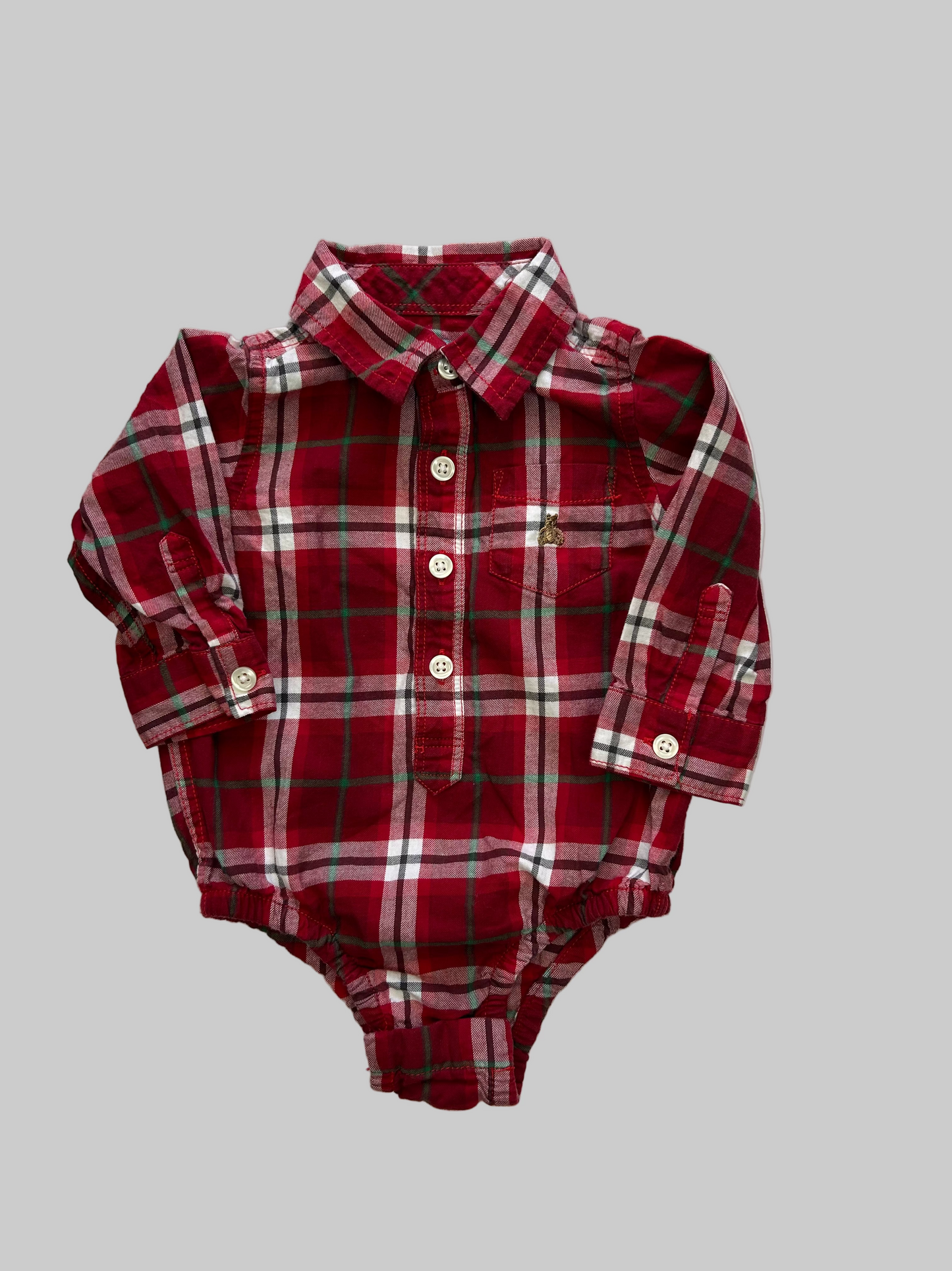 Baby Gap LS Red /Green Stripe Plaid Onesie 6-12M