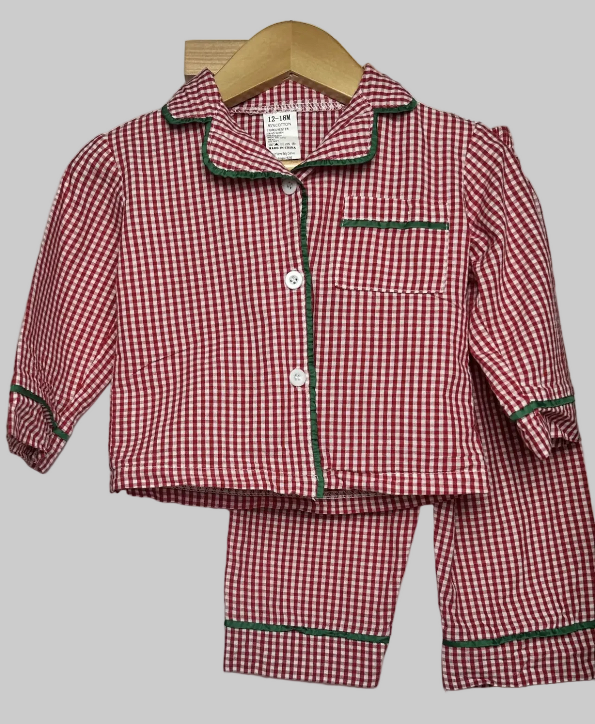 No Brand Gingham Green Trim Pajamas 12-18M