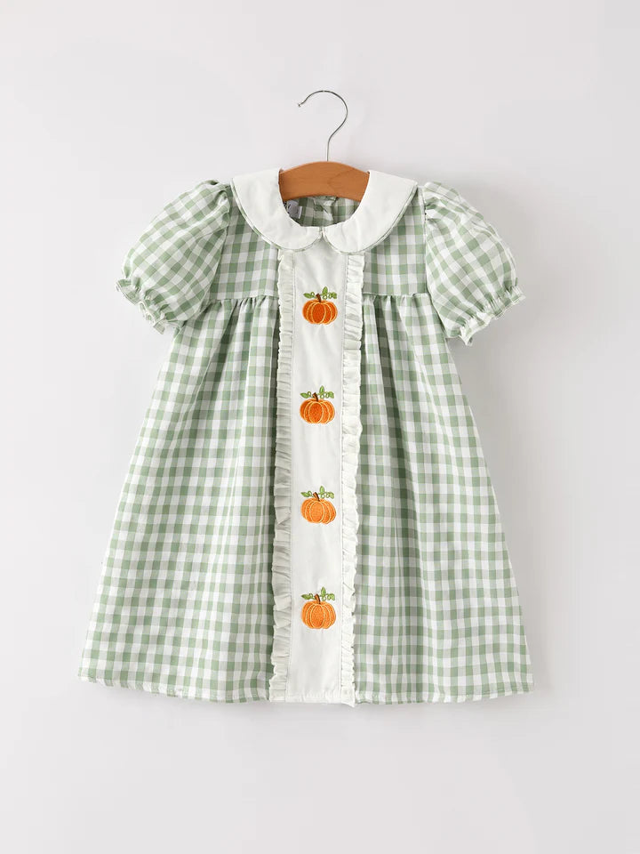 Fall Pumpkin Applique Plaid Green Girls Dress