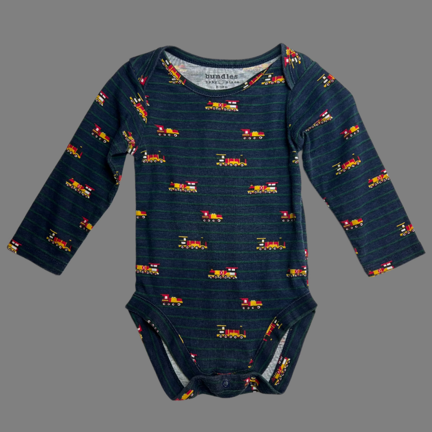 Little Bundles Long Sleeve Navy Green Striped Train Onesie- 9-12M
