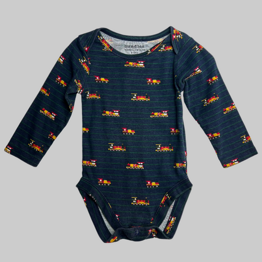 Little Bundles Long Sleeve Navy Green Striped Train Onesie- 9-12M