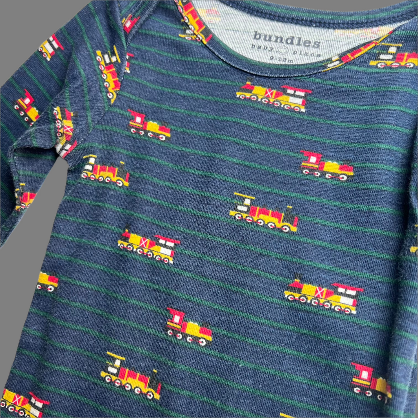 Little Bundles Long Sleeve Navy Green Striped Train Onesie- 9-12M