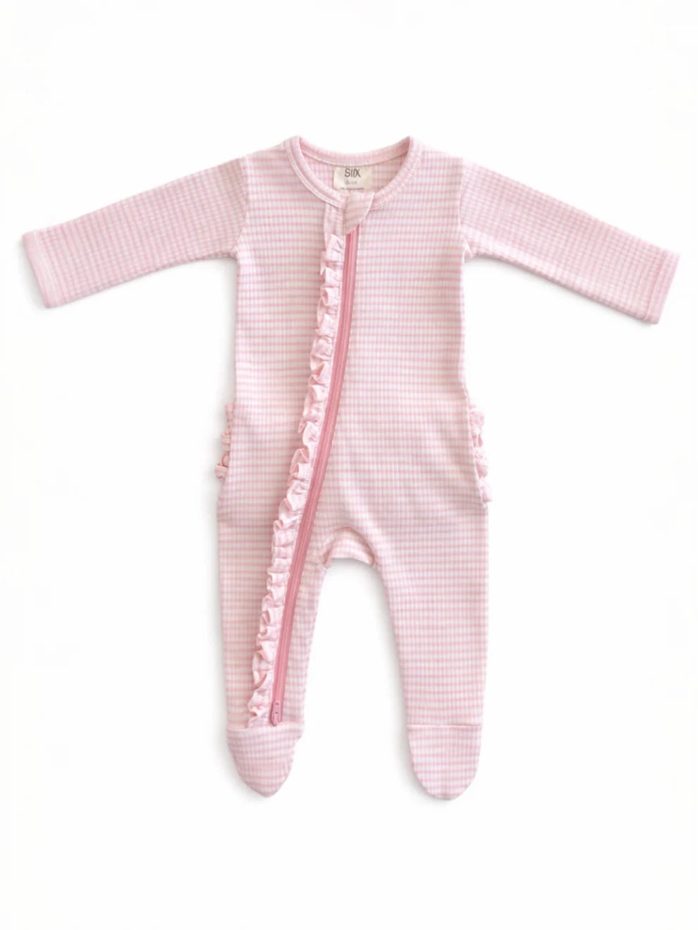 Pink Stripe / Ribbed Frill 2-Way Zip Footie