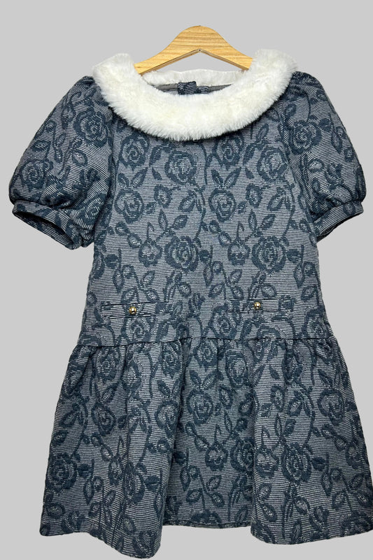 Janie & Jack Floral Fur Collar Dress 5T