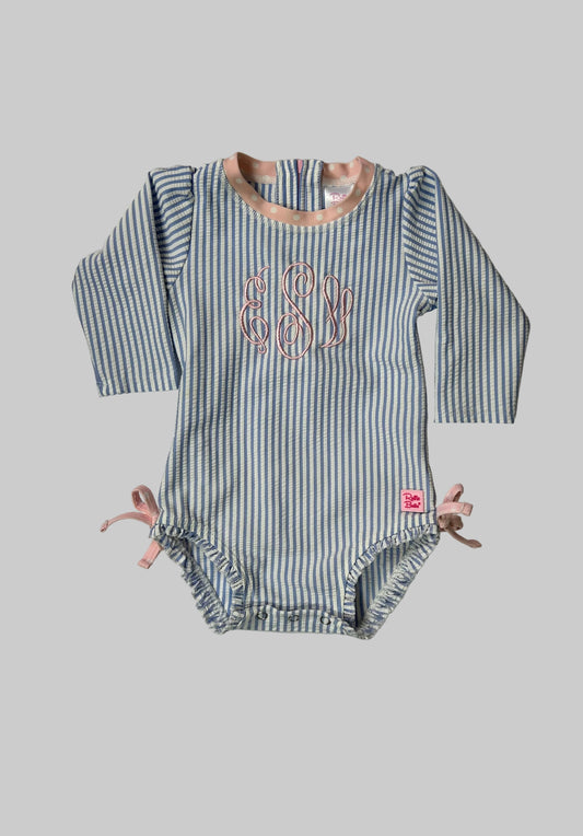 Rufflebutts Stripe Monogram Swimsuit 6-12M