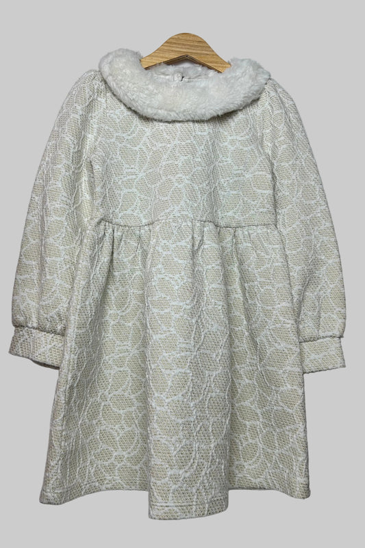 Janie & Jack White Gold Sparkle Fur Collar Dress 4T