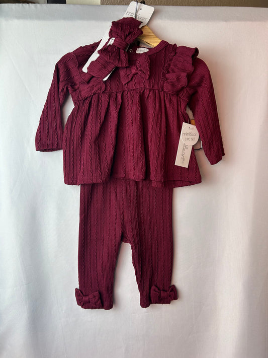 MiniBean 3PC Burgandy Outfit 3-6M