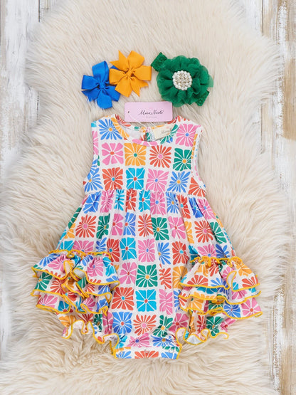 Ruffle Bubble Romper - Flower Tiles