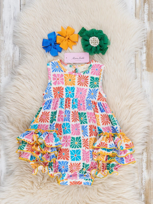 Ruffle Bubble Romper - Flower Tiles