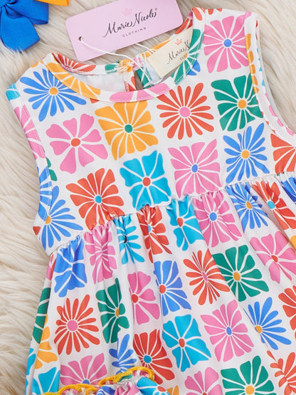 Ruffle Bubble Romper - Flower Tiles