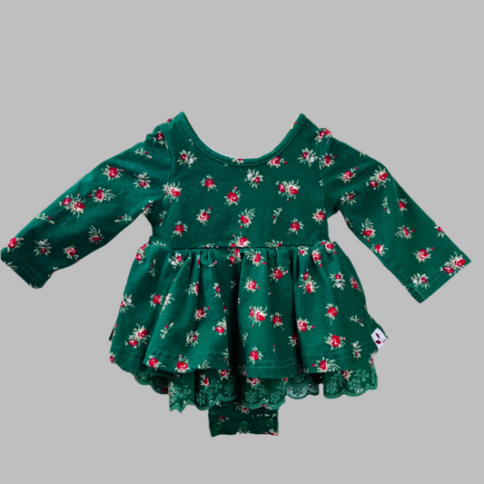 Sweet Honey Green Velvet Holiday Onesie Dress 6M