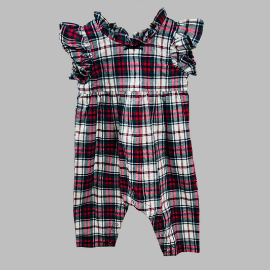 Pink Chicken Plaid Ruffle Sleeve Holiday Jumpsuit 3-6M