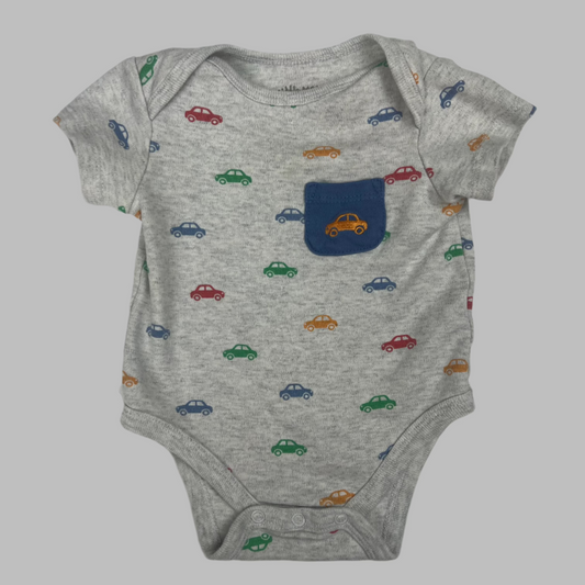 Little Me Gray w/ Blue Pocket Cars Onesie 3M
