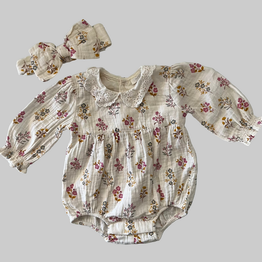 Purebaby LS Floral Muslin Romper w/ Headband 3-6M