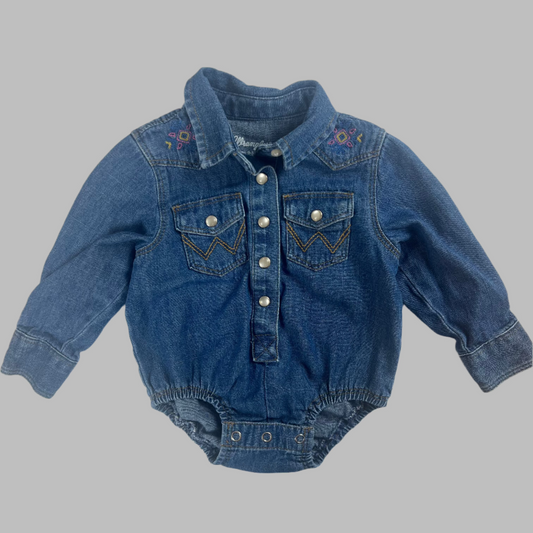 Wrangler Denim Girls LS Embroidered Onesie 0-3M
