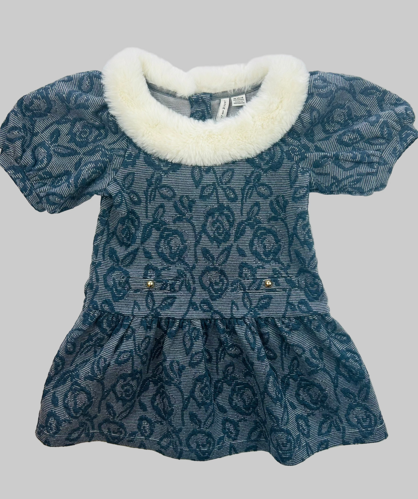 Janie & Jack Blue Jacquard Faux Fur Collar Dress 18-24M