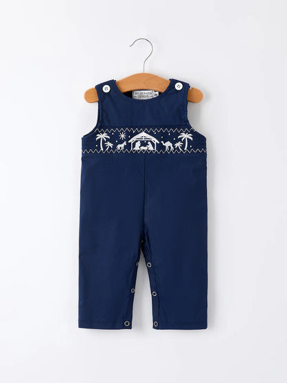 Navy Blue Nativity Smocking Embroidery Baby Boy Romper