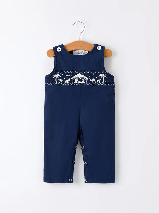Navy Blue Nativity Smocking Embroidery Baby Boy Romper