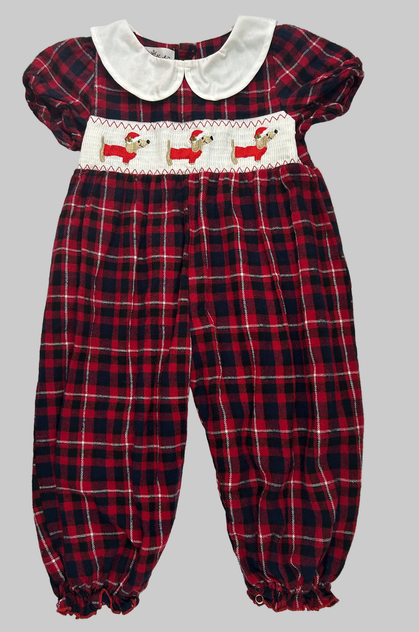 Marie Nicole Red Flannel Dachshund Santa Hat Smocked Jumpsuit 2T