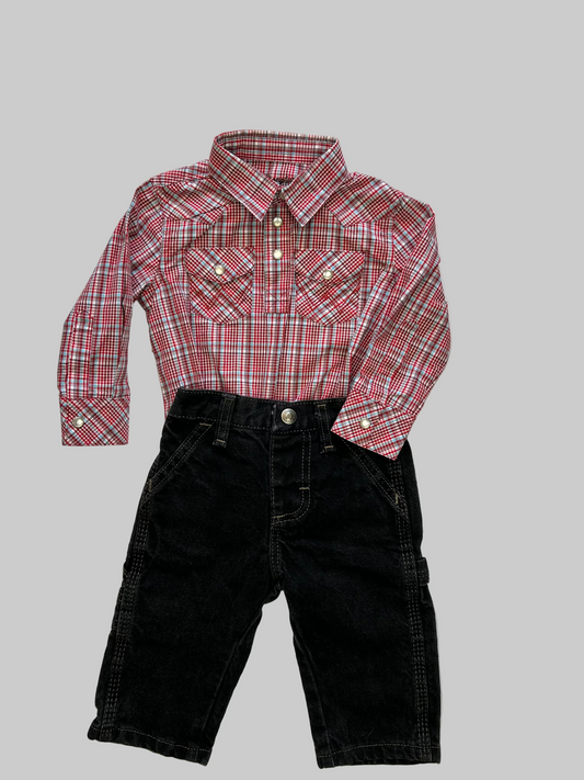 Wrangler Onesie and Black Jeans 6-9M