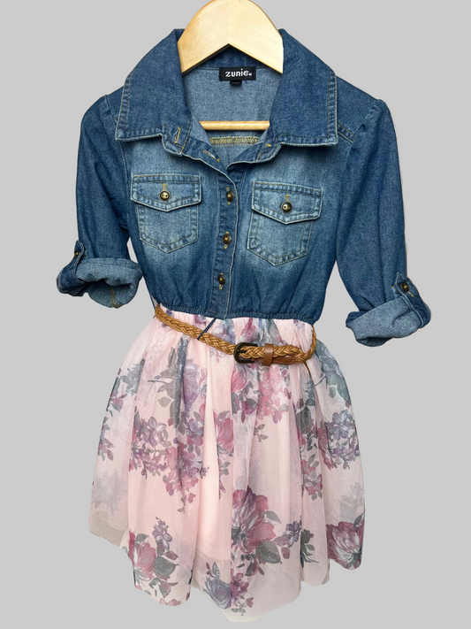 Zunie Denim Floral Bottom Dress 4/5