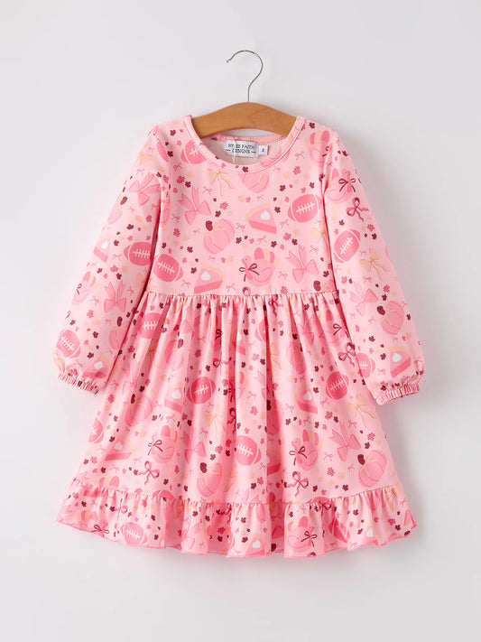 Football Pumpkin Bow Print Pink Girls Dress