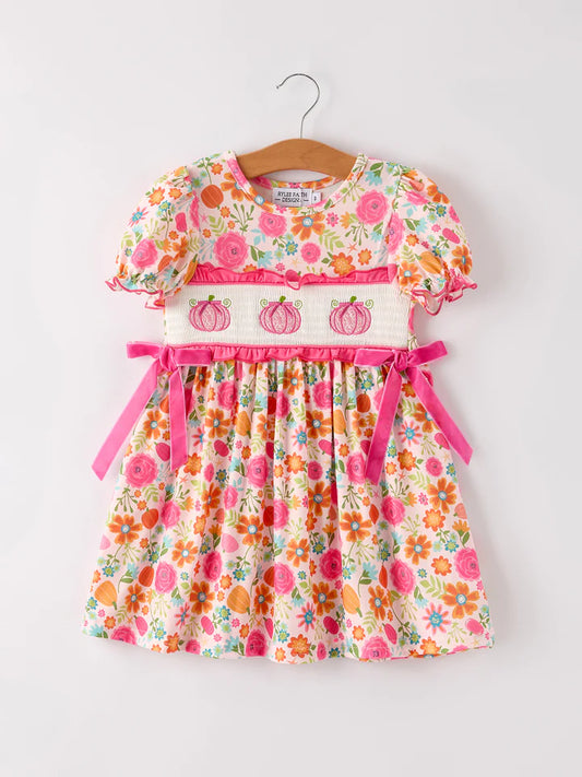Pumpkin Embroidery Smocked Floral Dress