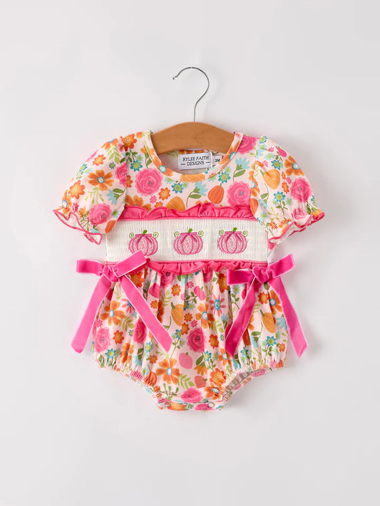 Autumn Pumpkin Embroidery Smock Floral Girls Romper
