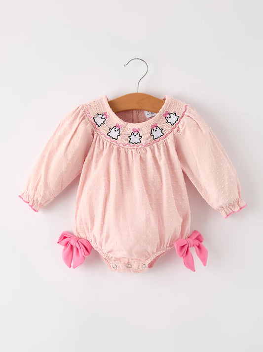 Halloween Light Pink Ghost Embroidery Smock Floral Girls Romper