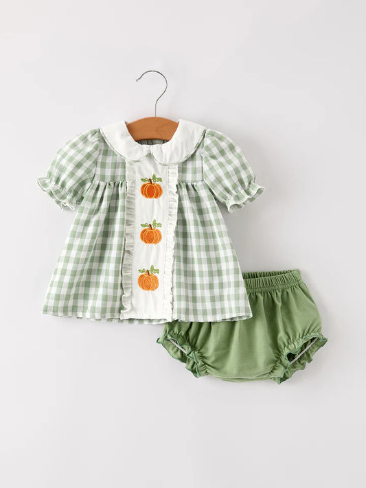 Fall Pumpkin Applique Plaid Girls Bloomers Romper Set