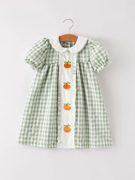 Fall Pumpkin Applique Plaid Green Girls Dress