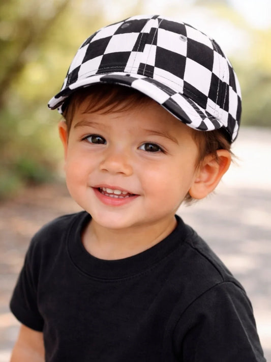 Kids Baseball Hat, Black Checkerboard