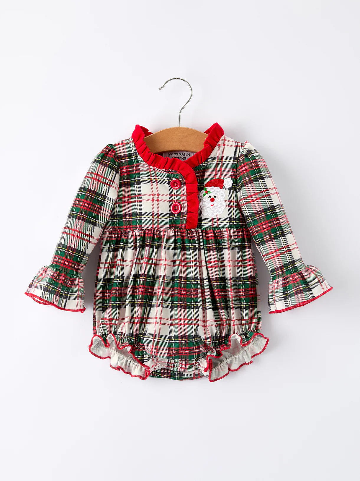Baby Girls Christmas Plaid Romper with Santa Applique and Ruffle Details