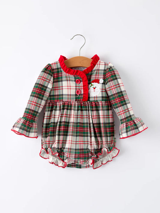Baby Girls Christmas Plaid Romper with Santa Applique and Ruffle Details
