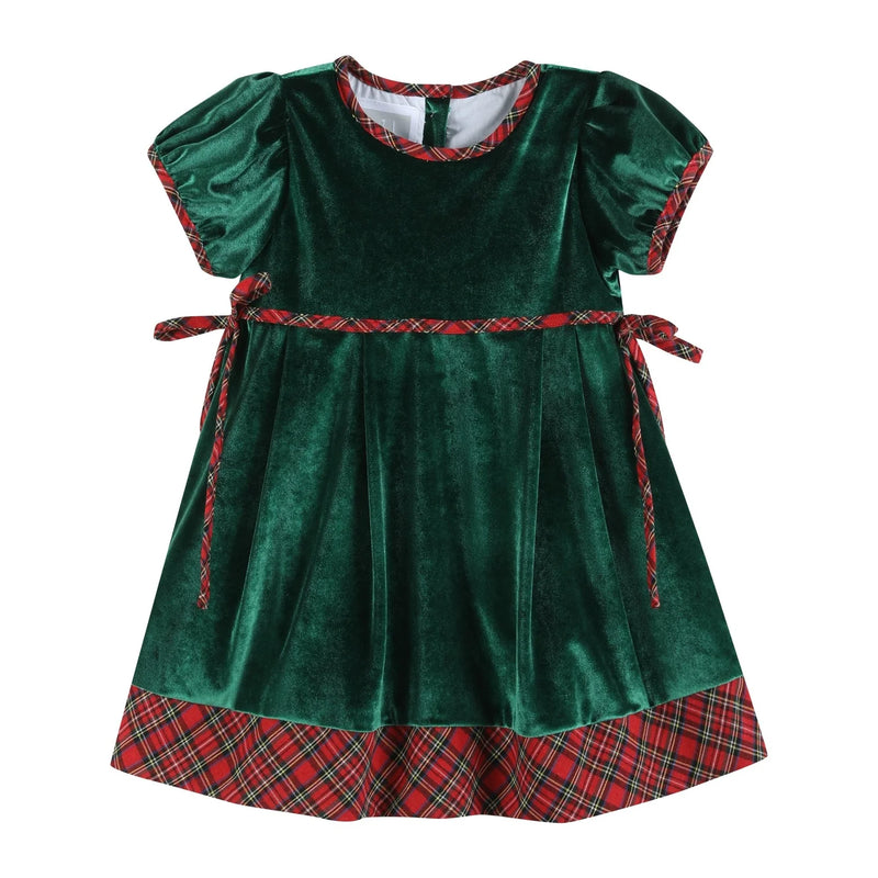 Lil Cactus Green Velvet Tartan Bows Dress